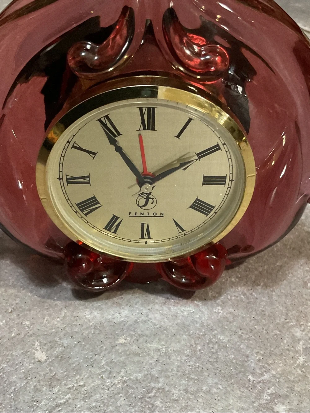 Fenton Glass Mantel Clock with Gold Bezel cranberry